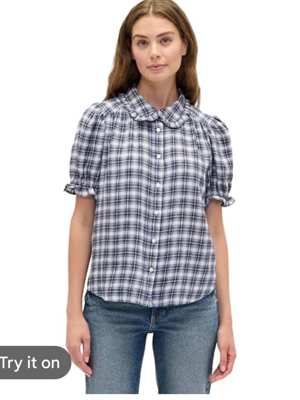 NWT GAP Blue and White Plaid Short-Sleeve Button-Up XL